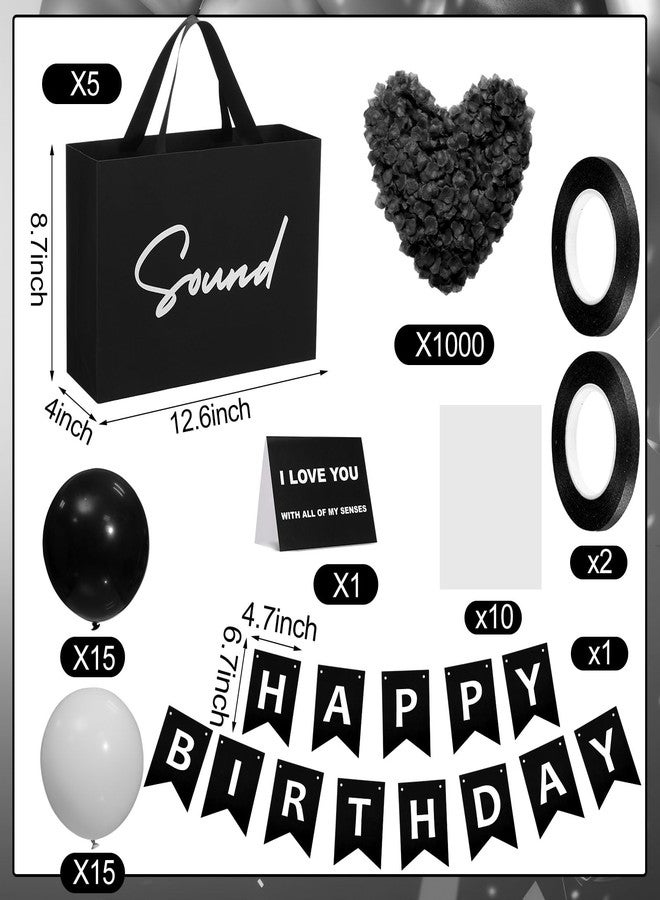 Soulchen 5 Senses Gift Bags for Him Her with Labels, Valentines Day Five Senses Gift Birthday Party Decoration Tissue Paper Handles, Comes with Rose Petals Banner Balloons for Party(Black White) - Image 2